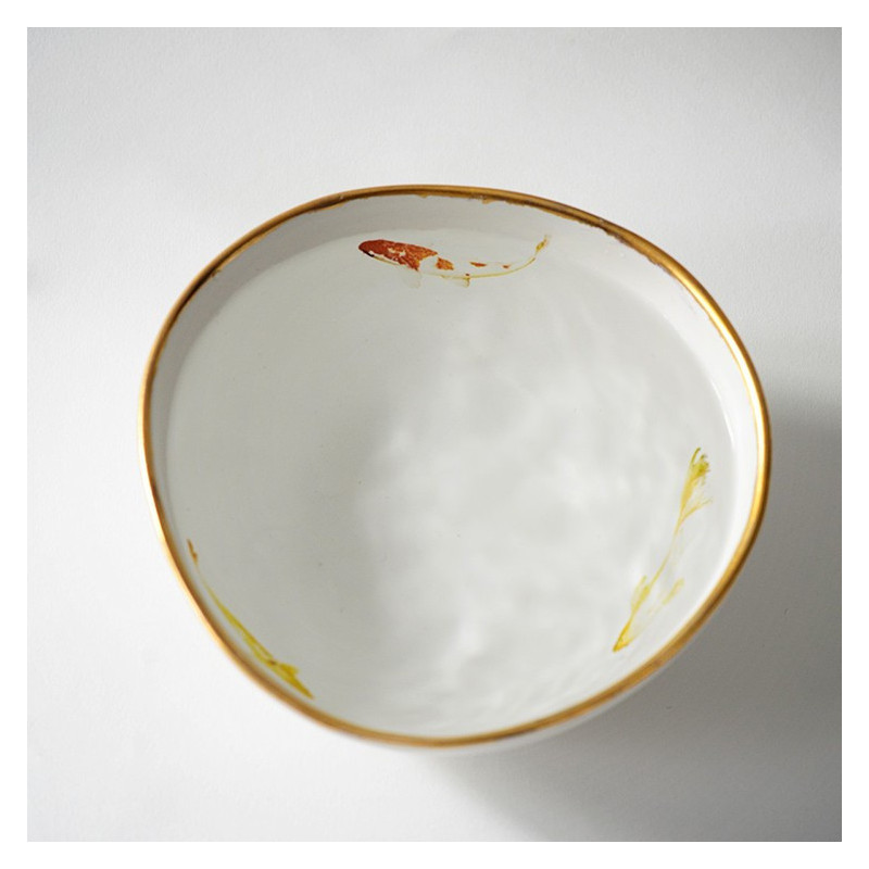 Unic Hand made stoneware bowl decorated with Koi fish and gold