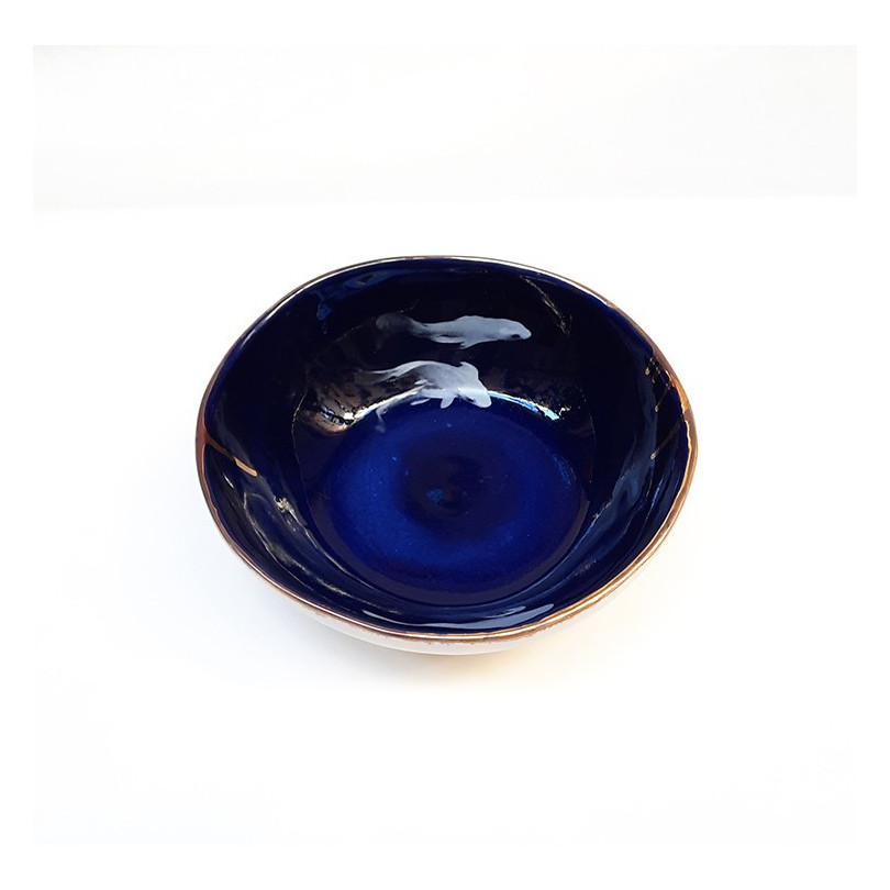 COBALT KOI FISH bowl, blue cobalt ceramic bowl with koi fish decor