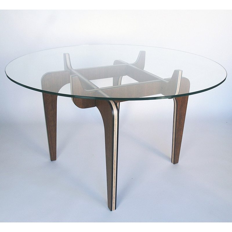 DINNERS CLUB table à manger circulaire avec pied en bois et plateau en verre