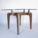 DINNERS CLUB circular dining table, with wood base and glass table top