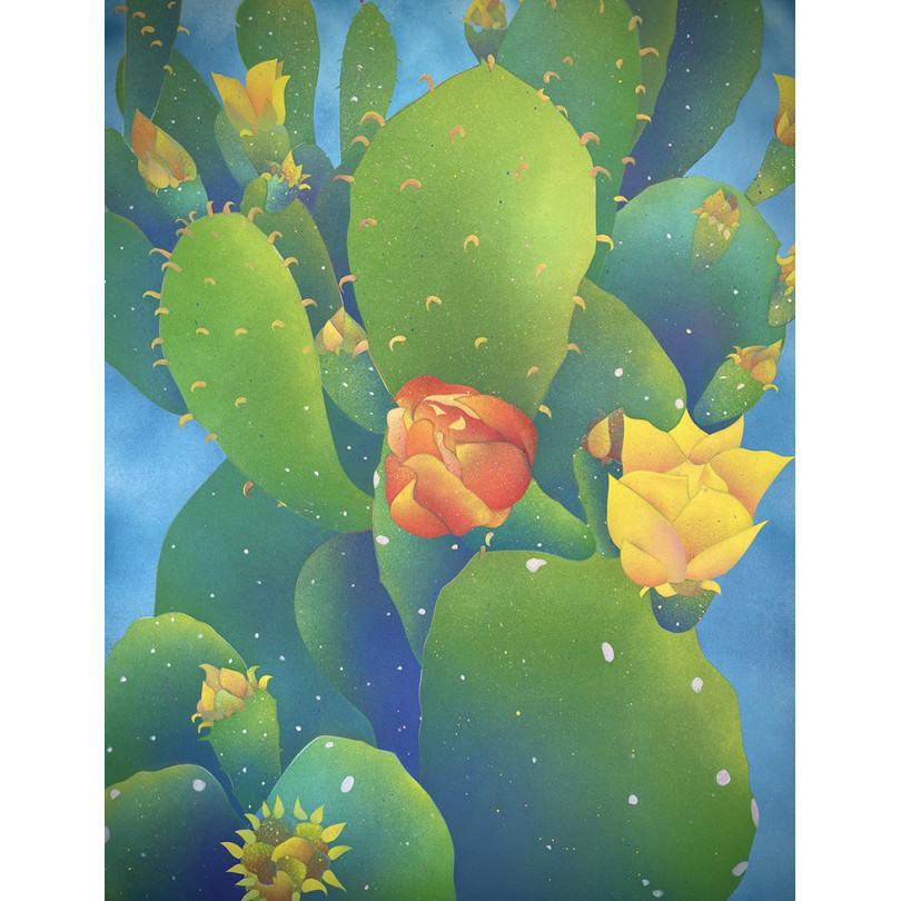DESERT CACTUS painting. Prickly fig tree in bloom artwork