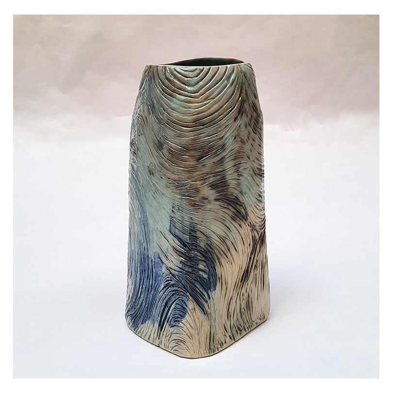 AZUL VERDE 03 vase, striated stoneware 