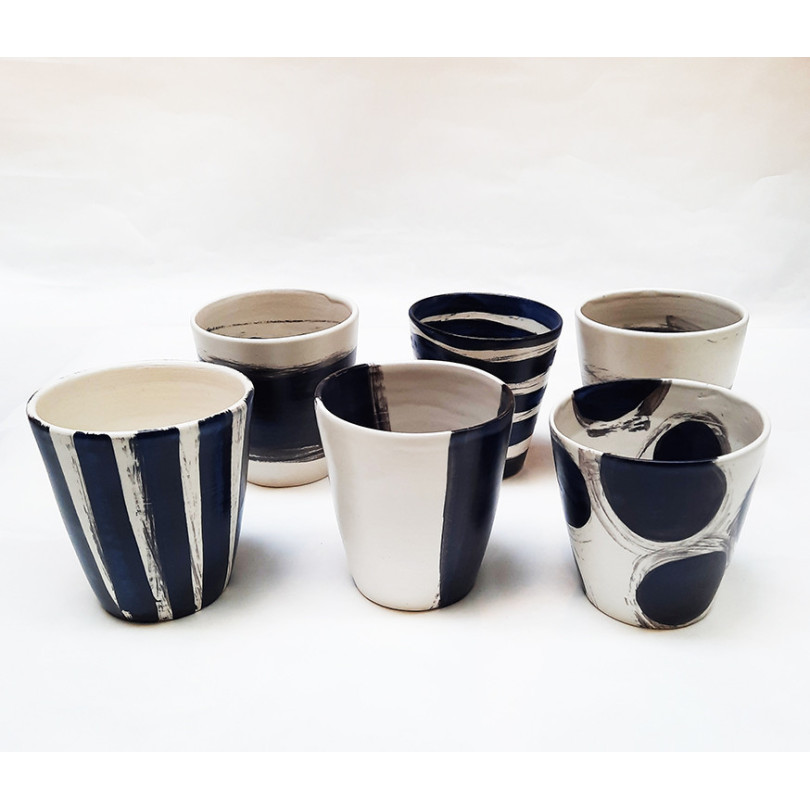 AZUL NEGRO 6 tazas o vasos en cerámica