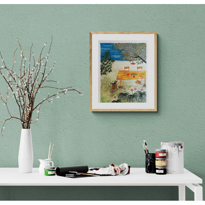 watercolor painting "GARDEN WITH TABLE AND CHAIRS" in situ