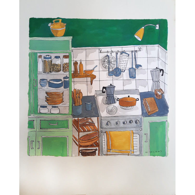 Painting on paper GREEN, YELLOW AND GREY KITCHEN by Montse Roldos