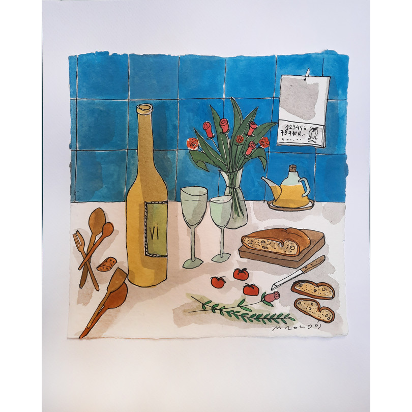 Peinture aquarelle et encre de chine "Bouteille et carreaux bleus" de Montse Roldos