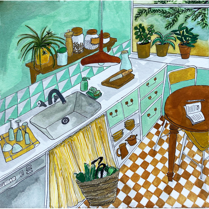 Dessin coloré à l'aquarelle "Cuisine verte, jaune et sienne" de Montse Roldos