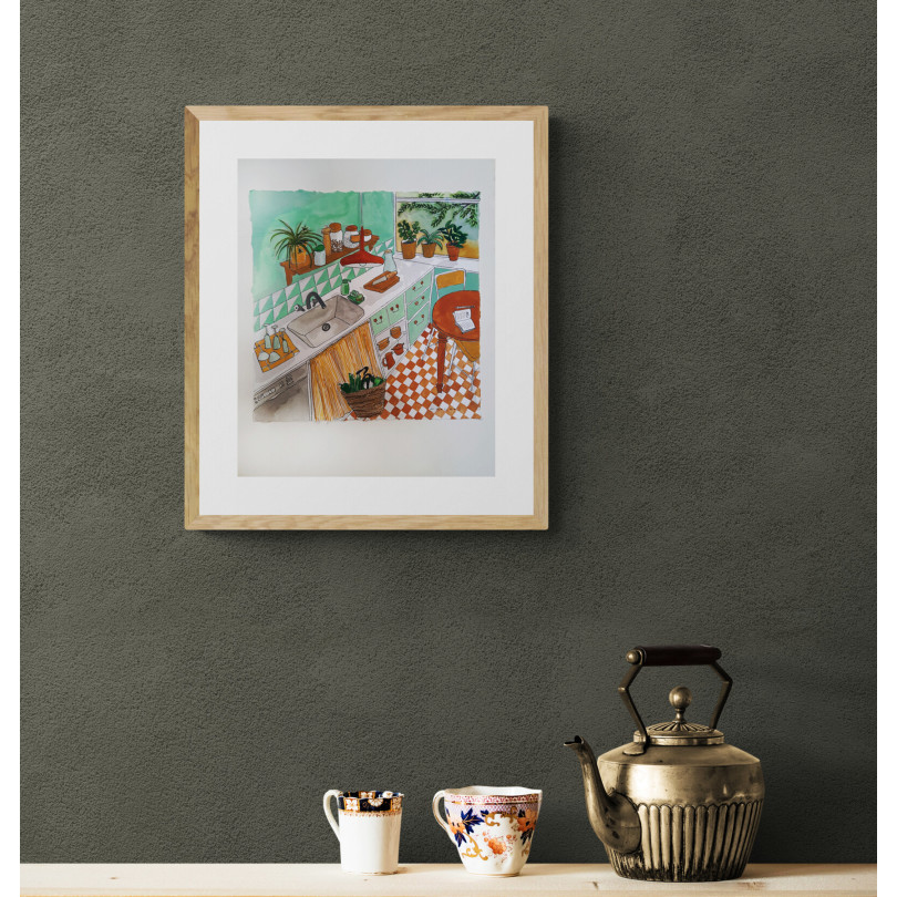 Cuadro sobre papel "Cocina verde, amarilla y siena" de Montse Roldos