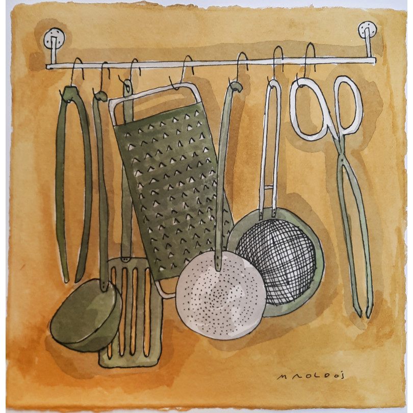 Obra sobre papel "Utensilios de cocina", arte de Montse Roldos