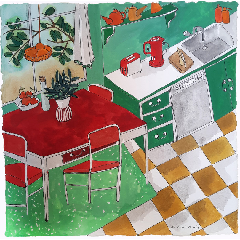 Small colorfull watercolor painting "Green Kitchen with red table" by barcelona artist