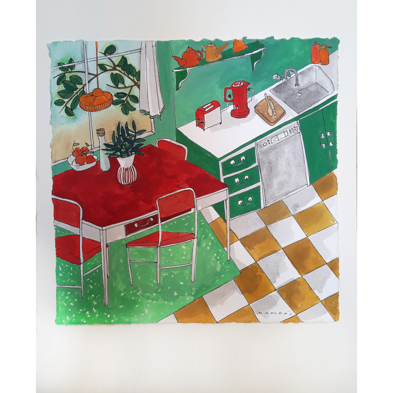 Small colorfull watercolor painting "Green Kitchen with red table" by barcelona artist Montse Roldos