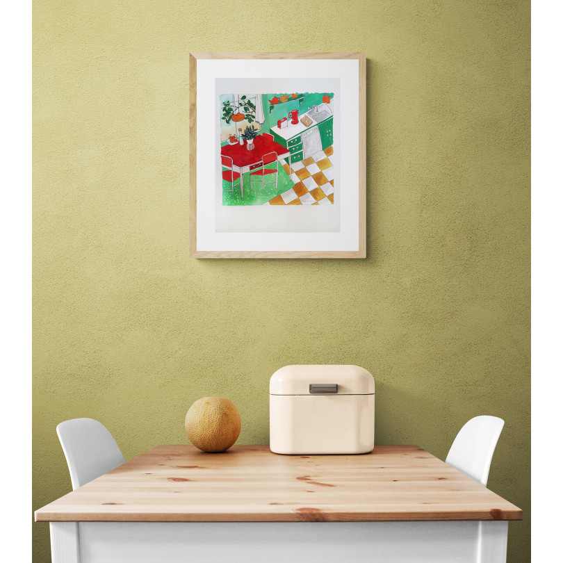 Obra acuarela "Cocina verde con mesa roja" de Montse Roldos. In situ