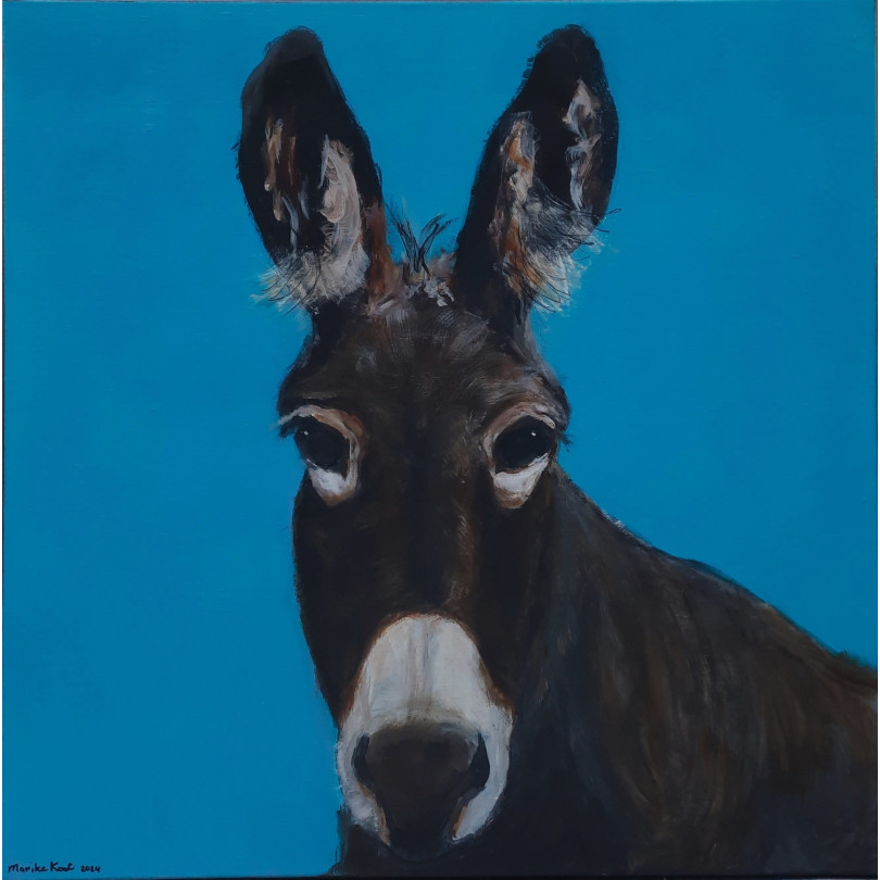 Donkey portrait painting on blue back. Original artwork by Marike Koot