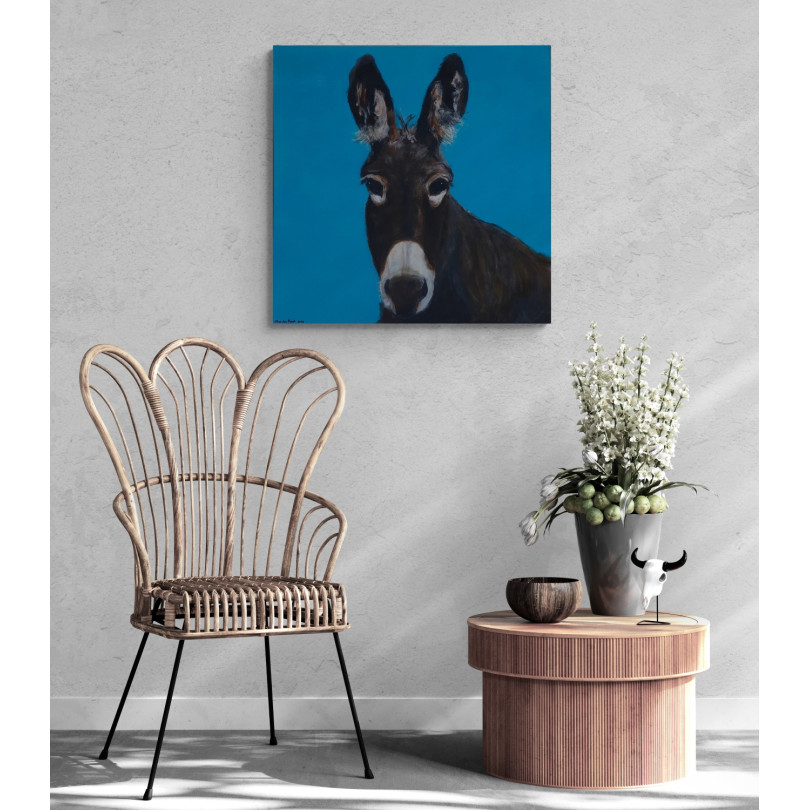 Donkey portrait painting on blue back. Original artwork by Marike Koot