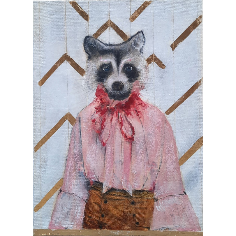 Retrato de mapache elegante. Obra pintada de Karenina Fabrizzi