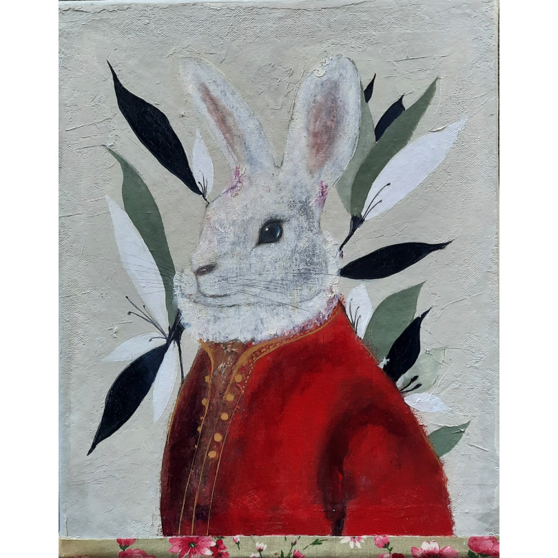 Rodrigo the elegant bunny, painted portrait by Karenina Fabrizzi