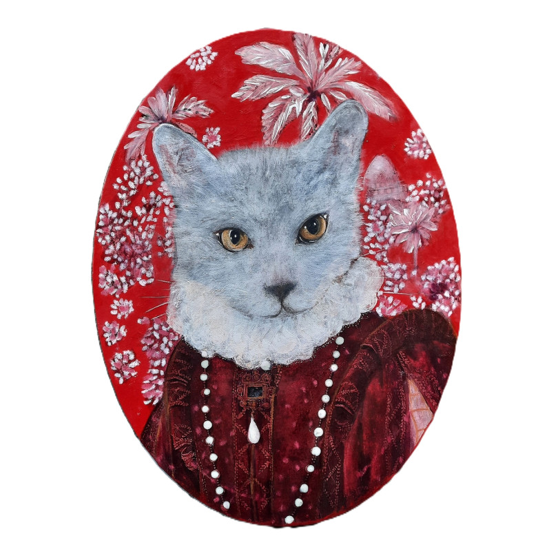 portrait de chat sur fond rouge, peinture de Karenina Fabrizzi