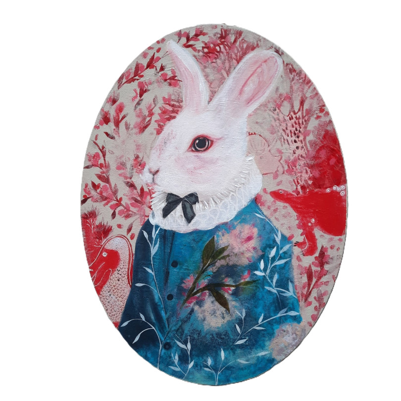 BRIAN bunny portraint on flowers back, hand painting by Karenina Fabrizzi