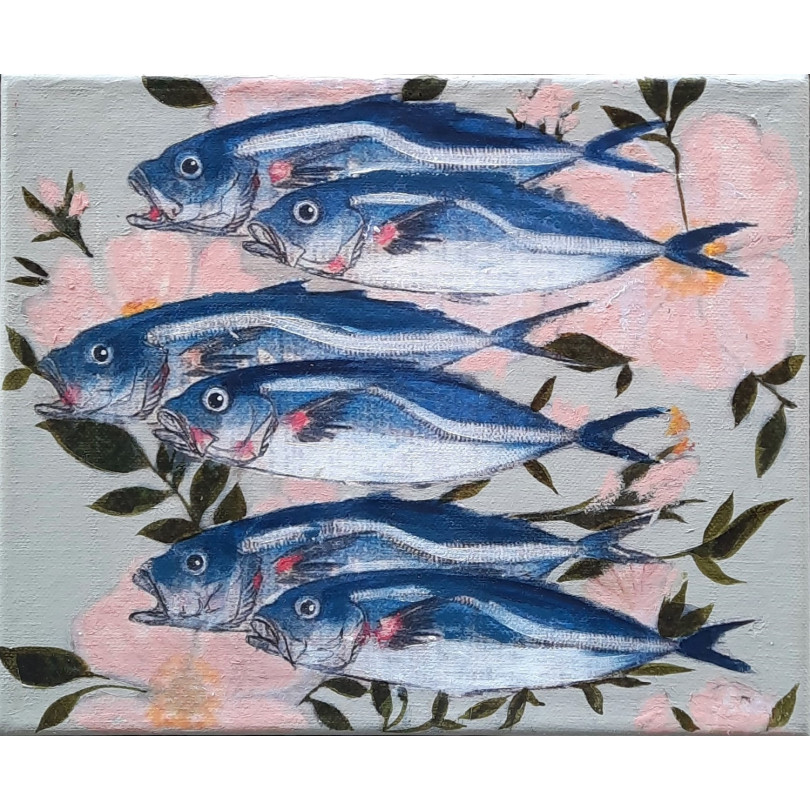 petit tableau de Karenina Fabrizzi, sardines sur fond fleuri