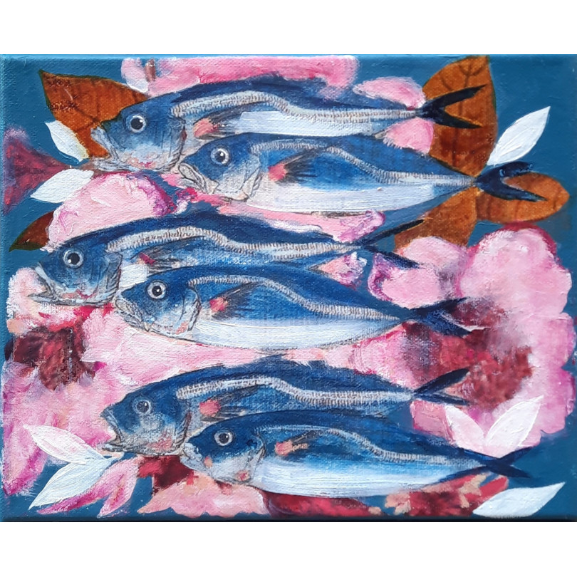 SARDINAS II, petit tableau de Karenina Fabrizzi, sardines sur fond fleuri