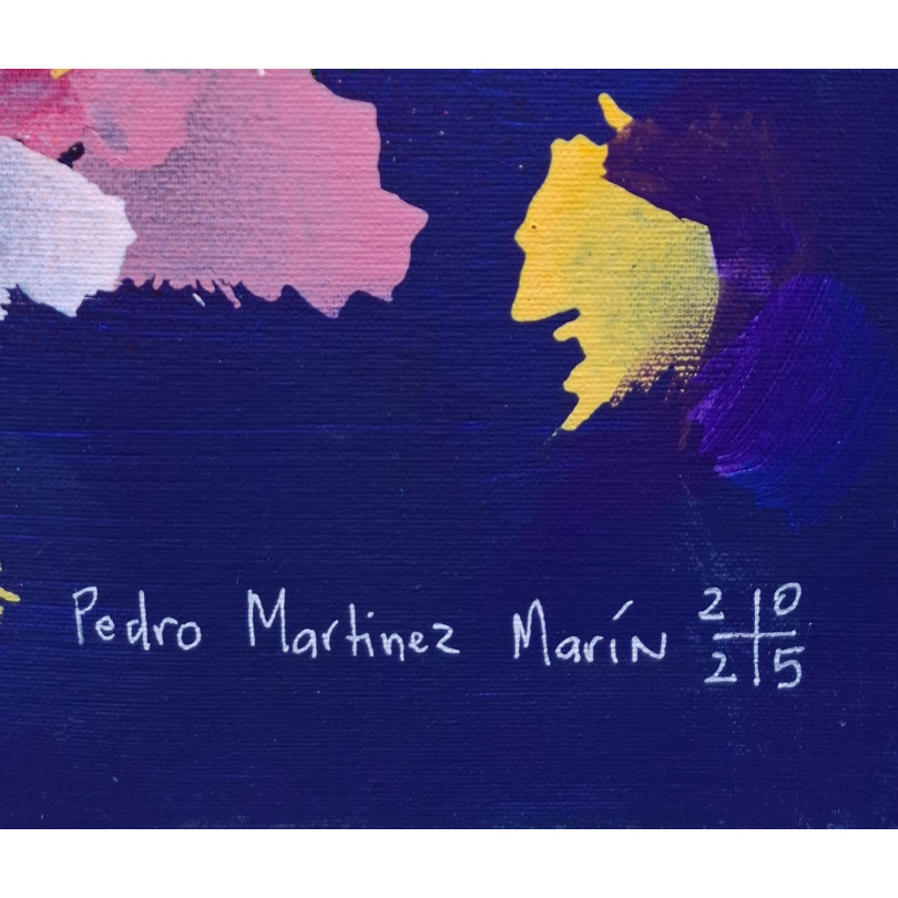 Obra con flores abstractas sobre fondo azul profundo de Martinez Marín (Mainman) por Ici et Là