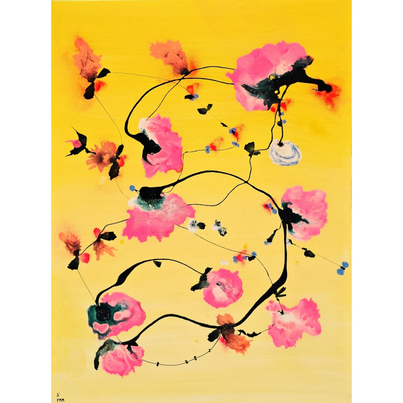Yellow abstract painting with pink flowers by Mainman (Pedro Martinez Marín)