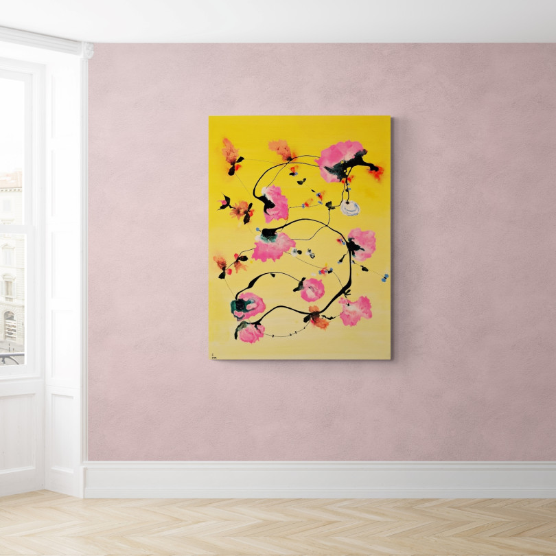 Yellow abstract painting with pink flowers by Mainman (Pedro Martinez Marín)