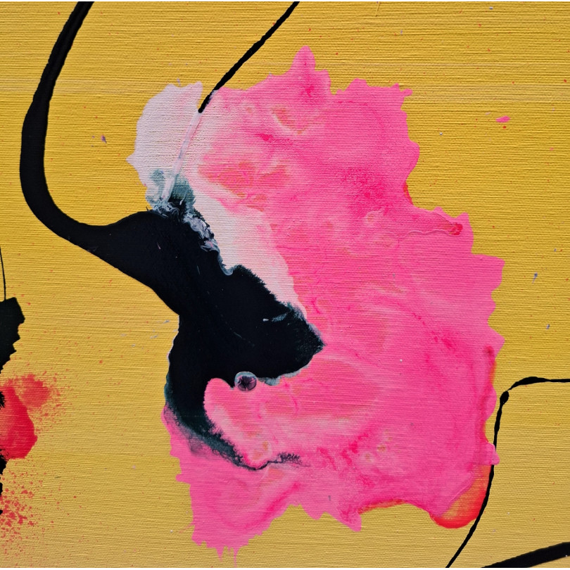 Yellow abstract painting with pink flowers by Mainman (Pedro Martinez Marín)