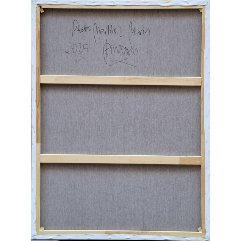 Yellow abstract painting with pink flowers by Mainman (Pedro Martinez Marín)