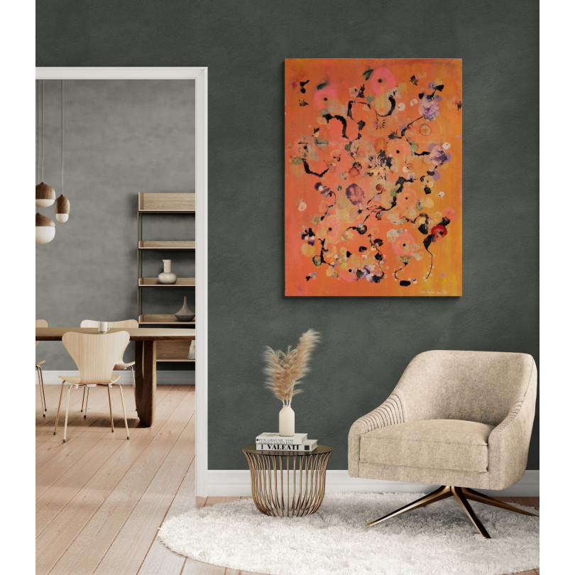 Obra de color naranja con tema floral del artista Martinez Marín (Mainman)