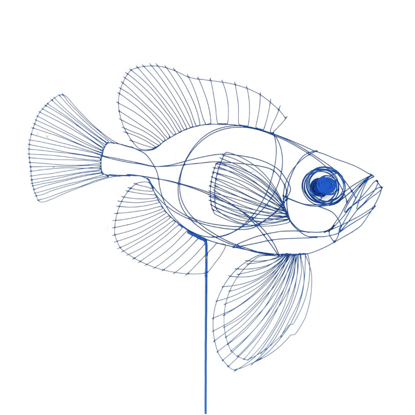 escultura de pez Pardo en alambre azul