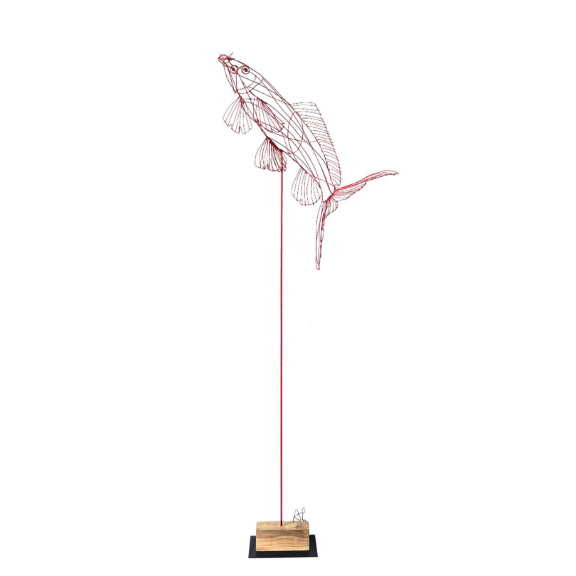 Red carp fish sculpture in red painted steel wire.Unique piece