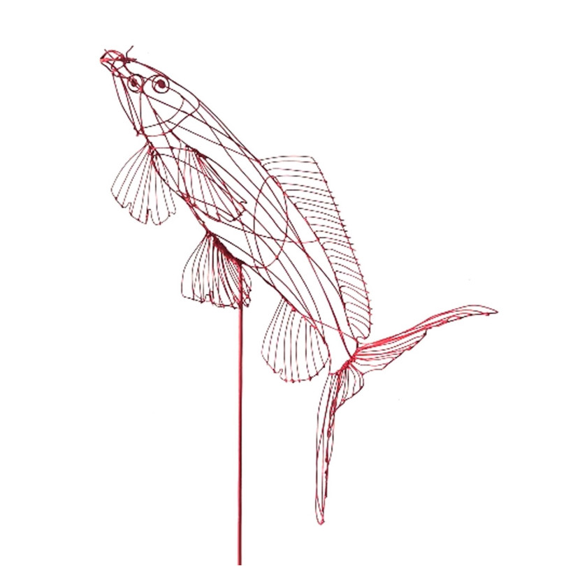 Red carp fish sculpture in red painted steel wire.Unique piece