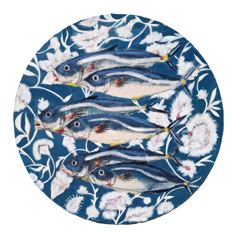 Round small artwork by Karenina Fabrizzi, fish on blue floral background