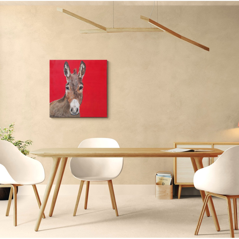 Donkey potrait on red background. Artwork by Marike Koot