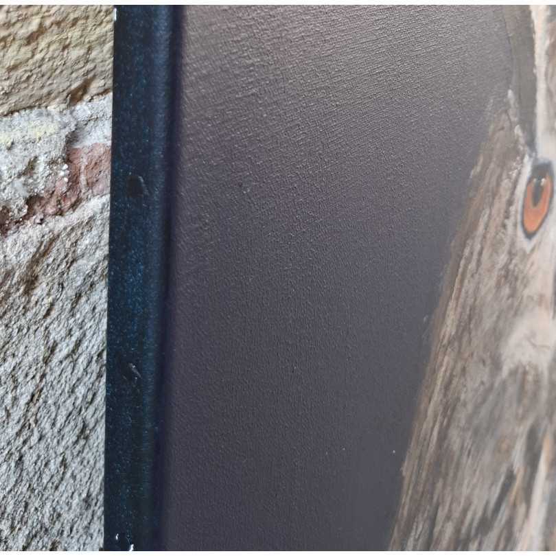 Obra pintada, retrato de un búho real sobre fondo azul marino de Marike Koot