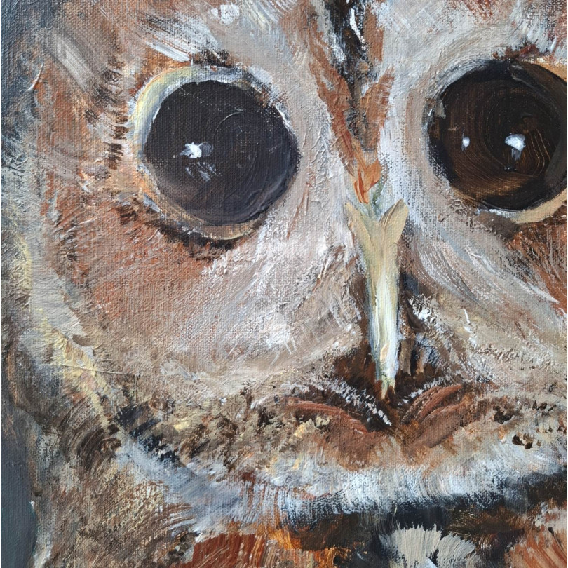 Portrait peint de chouette sur fond belu-gris. Oeuvre de Marike Koot