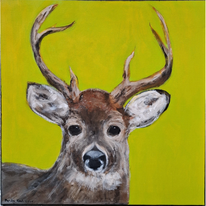 Deer portait on apple green back painting by Marike Koot