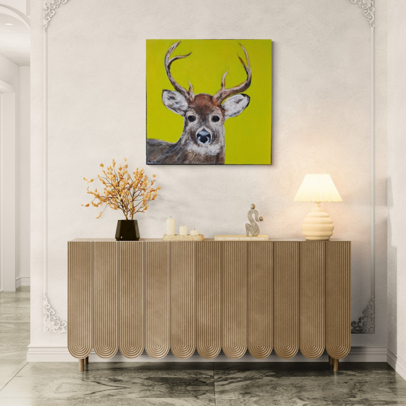 Portrait peint d'un cerf sur fond vert pomme. Oeuvre de Marike Koot
