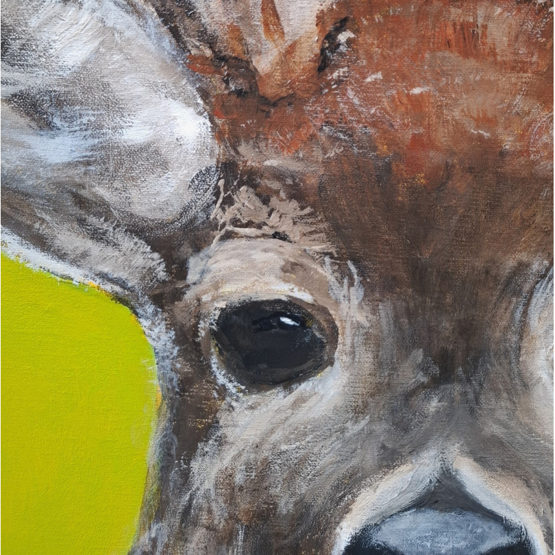 Portrait peint d'un cerf sur fond vert pomme. Oeuvre de Marike Koot