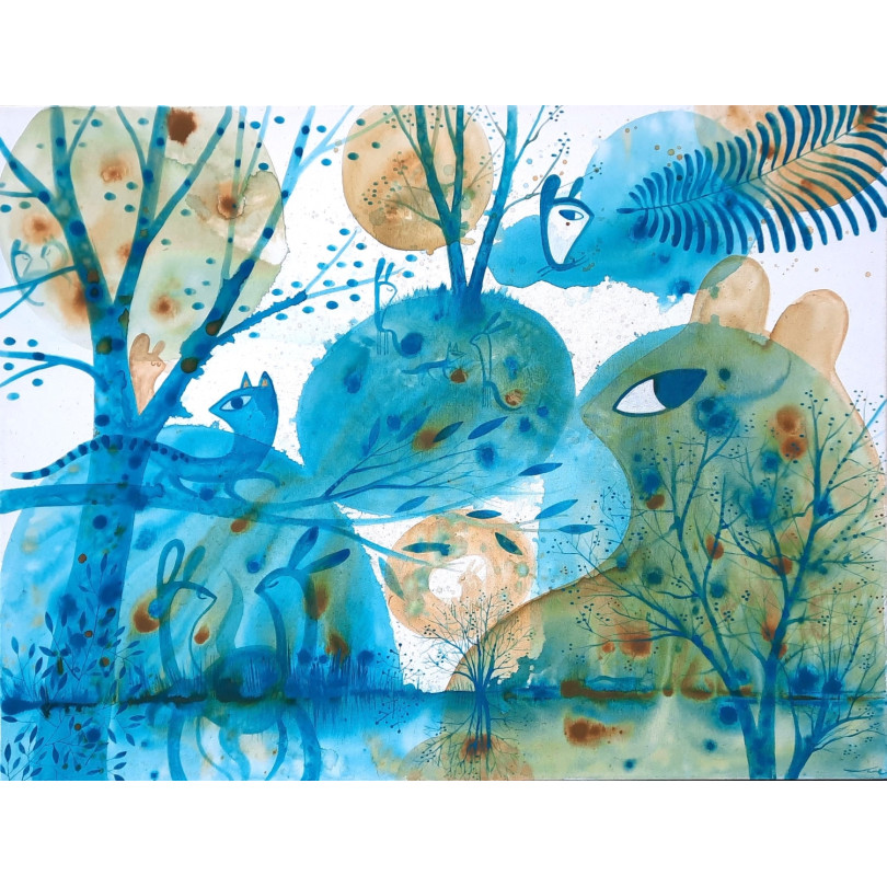 LEJOS DEL MUNDO DE LOS HOMBRES hand painting by Vanessa Linares for ICI ET LÀ