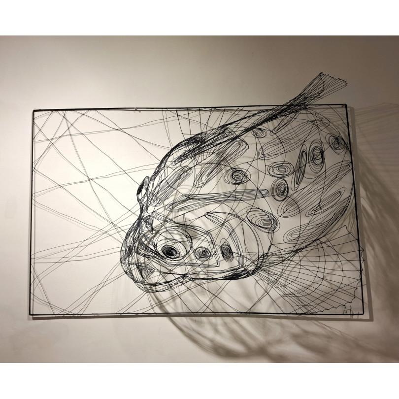 Cichlid fish emerging from a welded wire frame