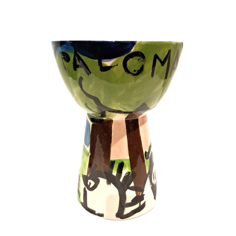 Compotier contemporain en céramique peinte à la  main. Pièce d'artiste