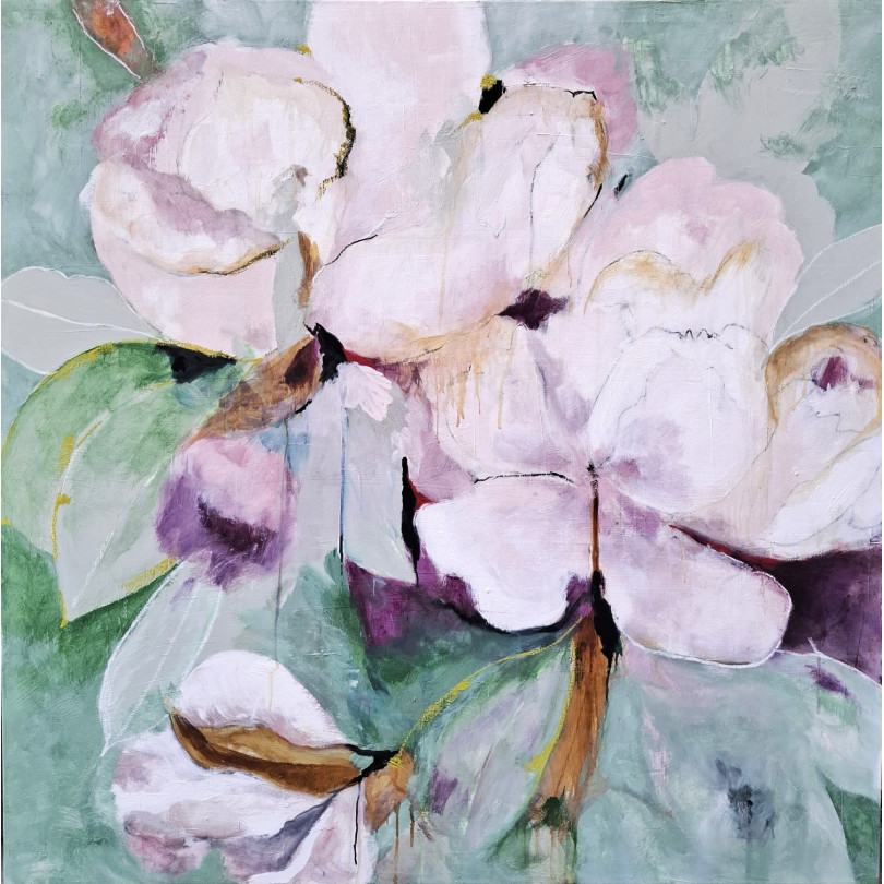 Peinture florale contemporaine aux tons pastel, fleurs délicates et élégance intemporelle.