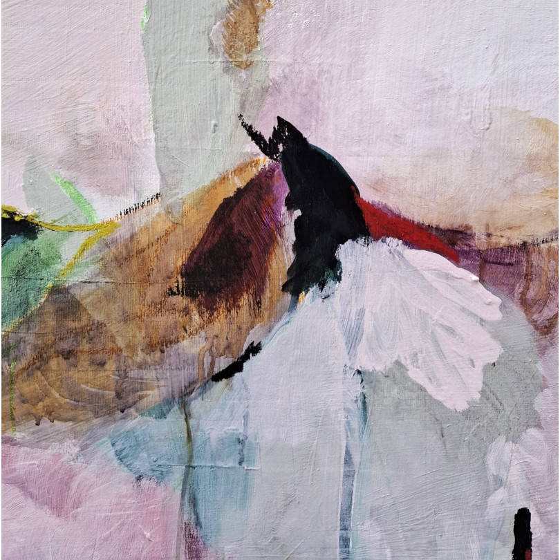 Pintura floral contemporánea en tonos pastel, flores delicadas y elegancia atemporal