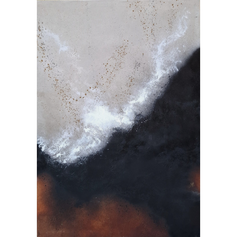 Whites, blacks, and ochres in dynamic tension: this artwork radiates energy, movement, and the untamed power of nature.