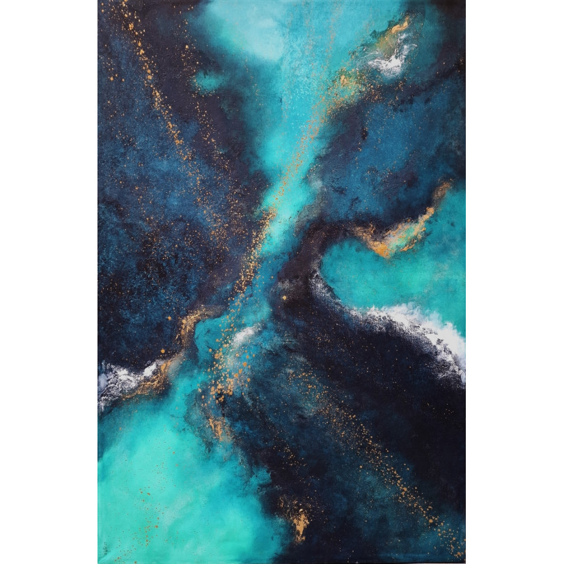 Œuvre abstraite contemporaine en bleu nuit, turquoise et touches dorées