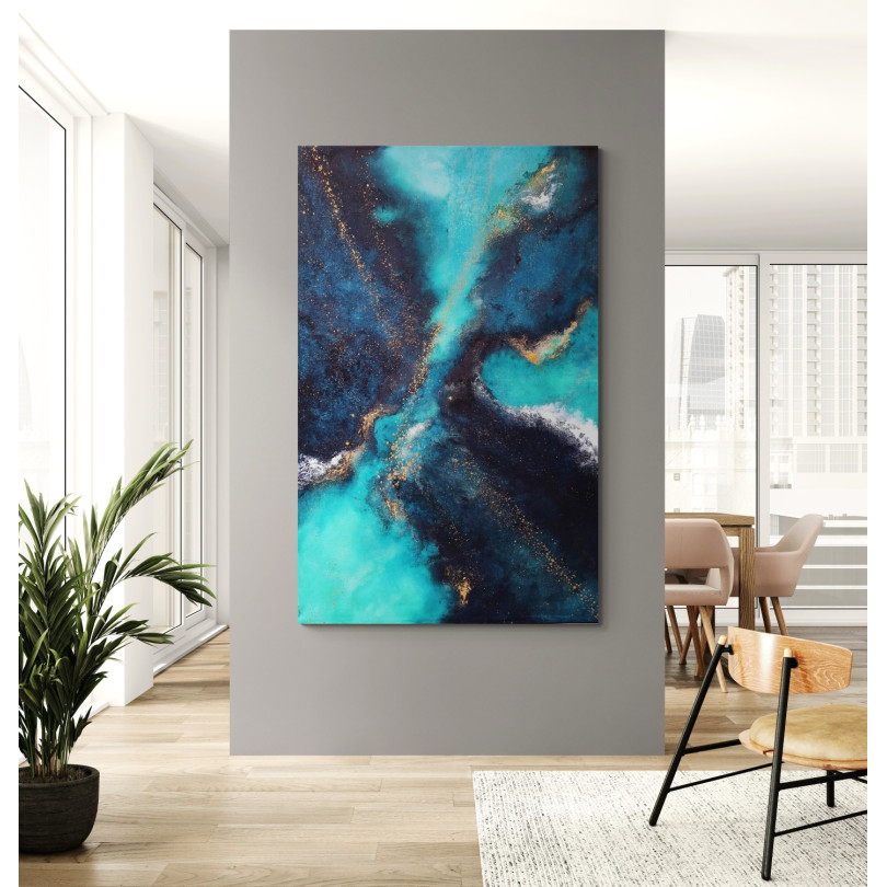 Contemporary abstract artwork in midnight blue, turquoise and gold accents