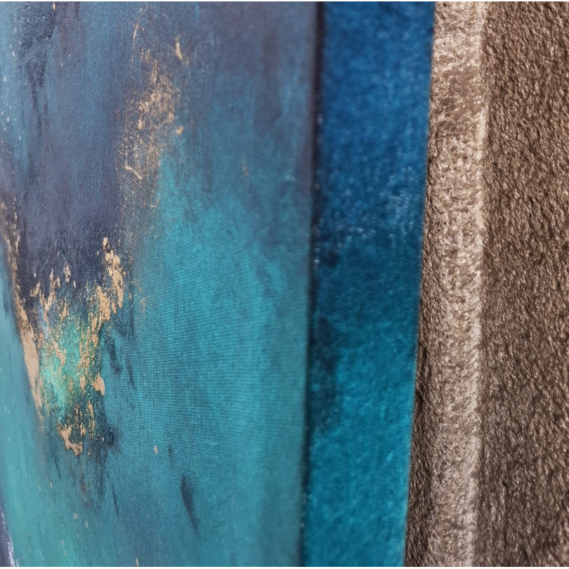 Œuvre abstraite contemporaine en bleu nuit, turquoise et touches dorées