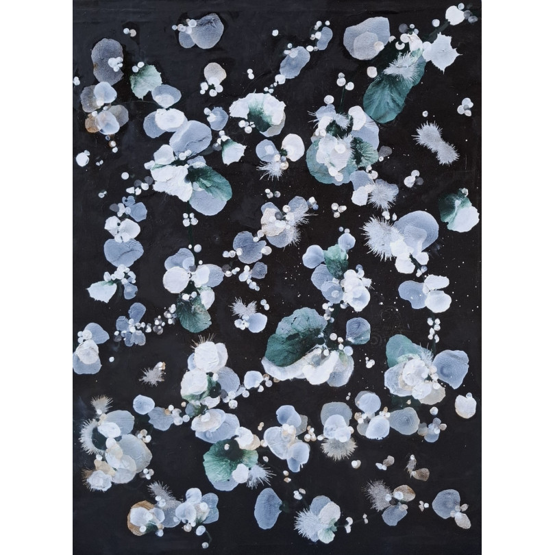 Œuvre abstraite fleurs blanches sur fond noir de l'artiste Pedro Martinez Marín